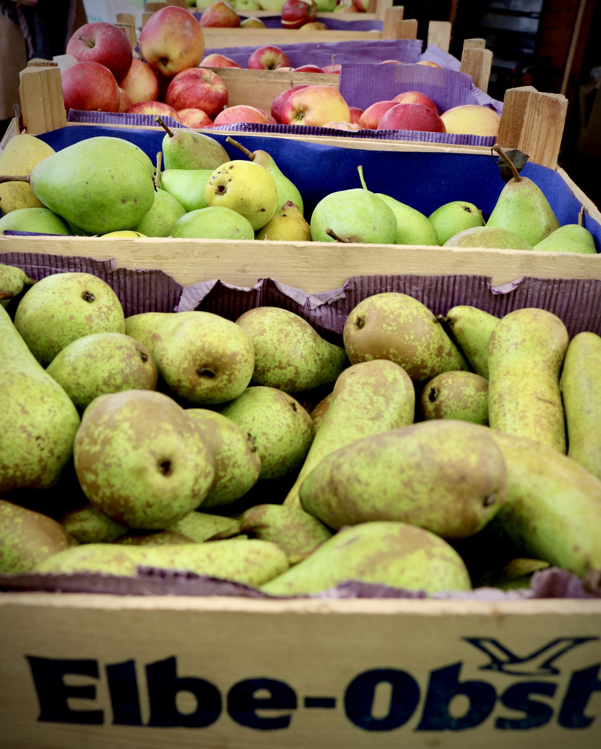 Tipps für das Alte Land: Obstlieferant für Hamburg. Obstkörbe mit Birnen und Äpfeln